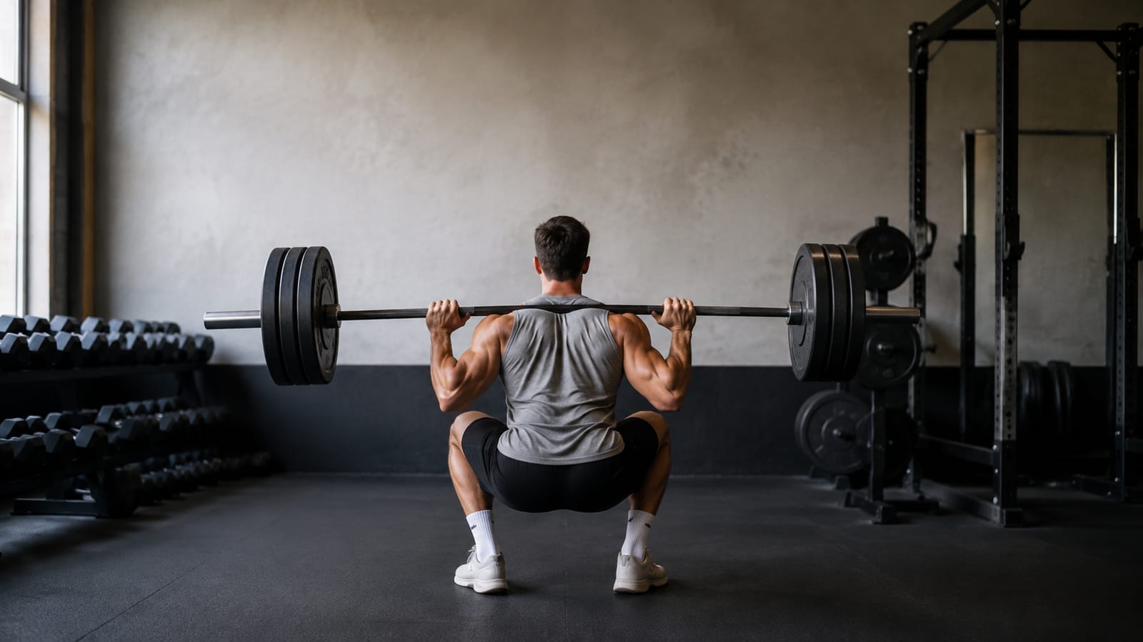 Lifter from behind squatting barbell during muscle building bulk