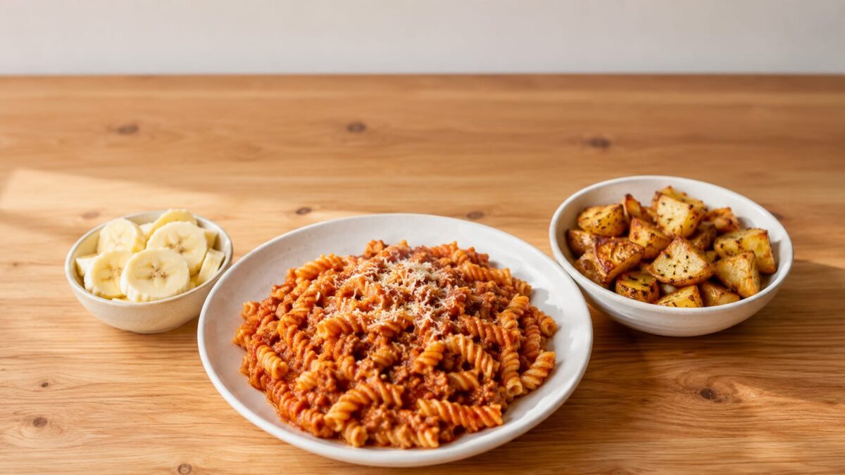 High-carb refeed plate with pasta potatoes and banana