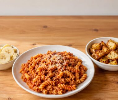 High-carb refeed plate with pasta potatoes and banana