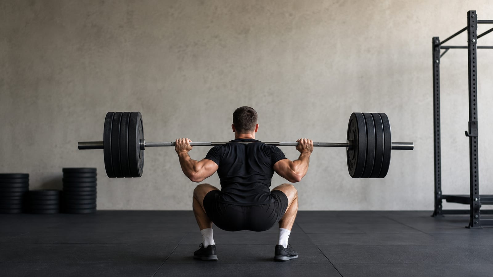 Lifter from behind finishing a loaded barbell back squat