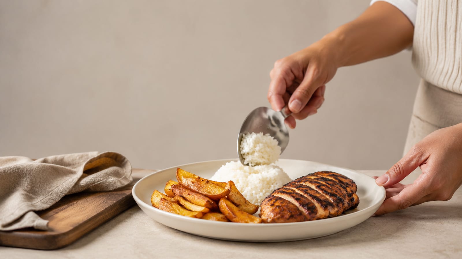Hands plating rice potatoes and chicken for refeed macros