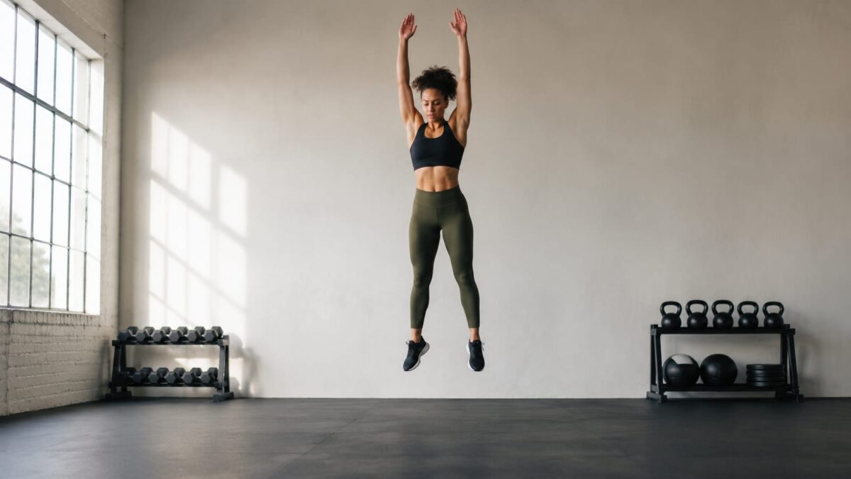 Athlete exploding upward in the jump phase of a full burpee