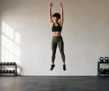 Athlete exploding upward in the jump phase of a full burpee