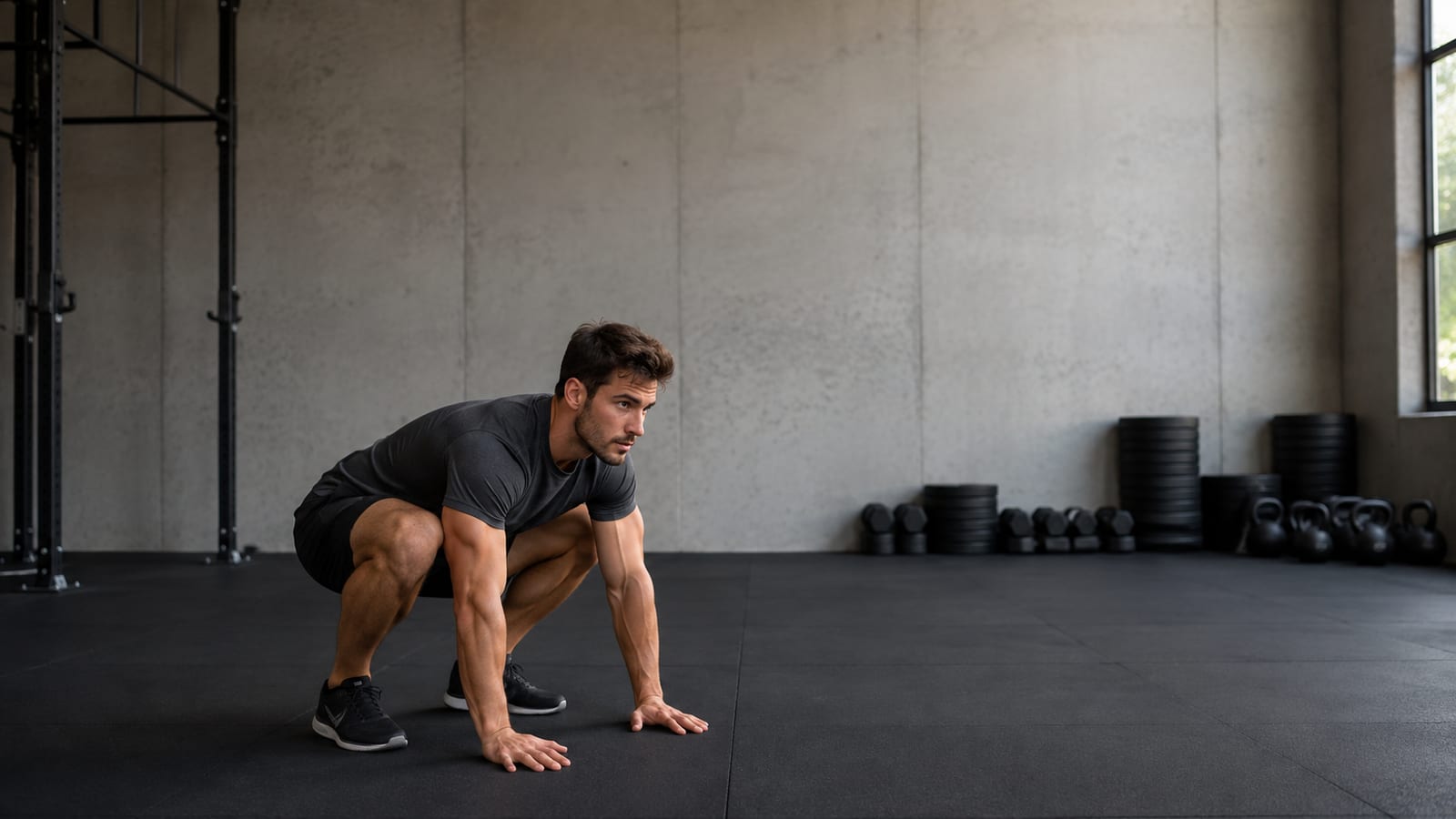Athlete beginning a burpee with a controlled deep squat stance