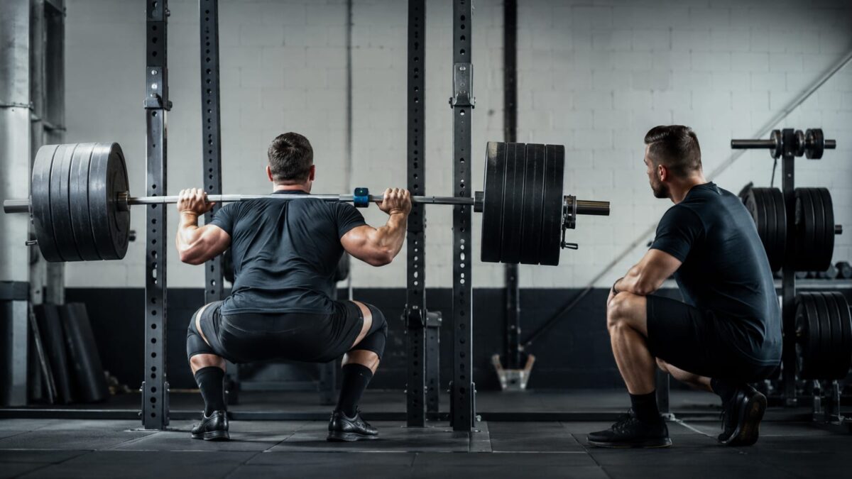 Advanced strength athlete squatting with a barbell and velocity sensor in a realistic gym