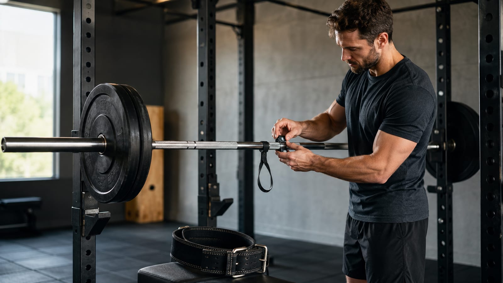 Compact barbell setup with velocity sensor beside weight plates before an efficient strength session