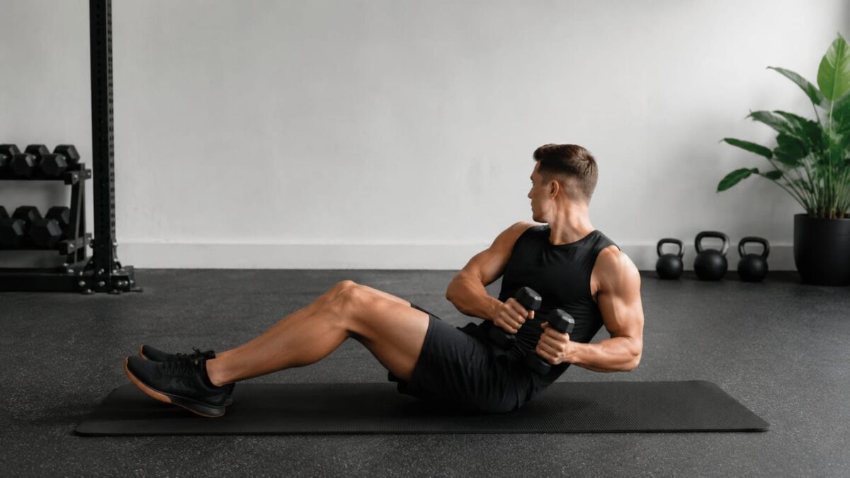 Athlete performing a controlled weighted Russian twist on a gym mat with knees bent