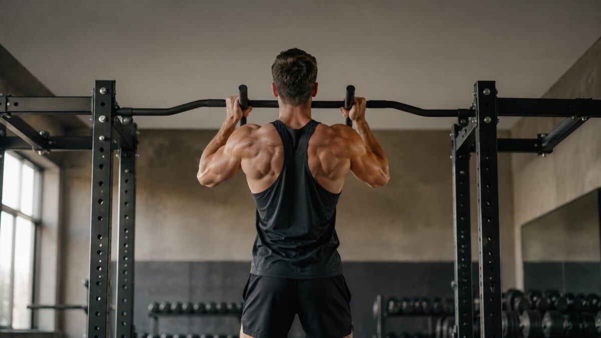 Athlete performing controlled neutral-grip pull-up on a multi-grip bar in a strength gym