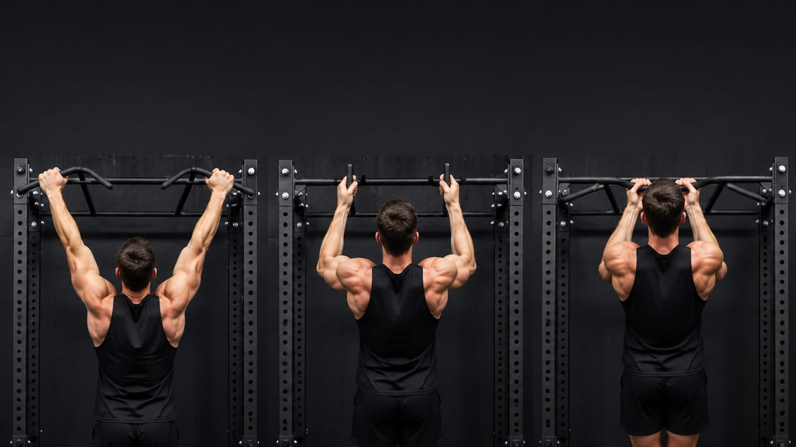 Athlete demonstrates wide, neutral, and supinated pull-up hand positions on gym equipment