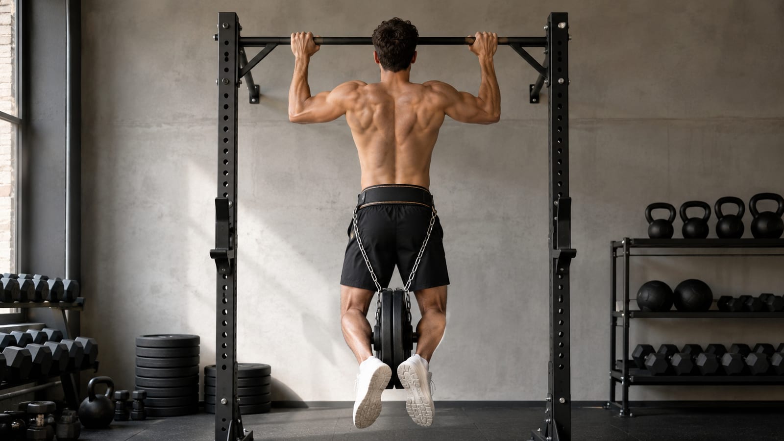 Strong athlete performs weighted pull-up with dip belt and plates during progressive strength training