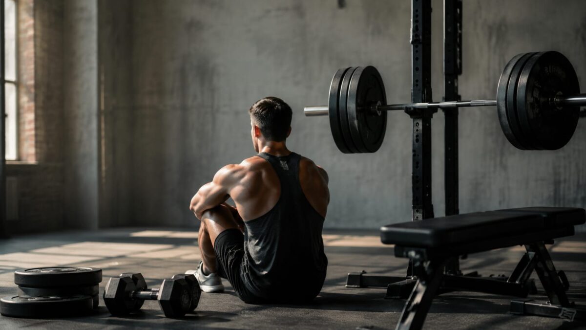 Athlete pausing between intense barbell set mini-sets inside a realistic strength training gym