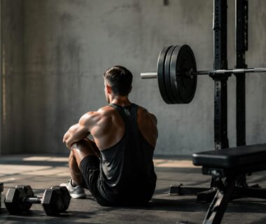 Athlete pausing between intense barbell set mini-sets inside a realistic strength training gym