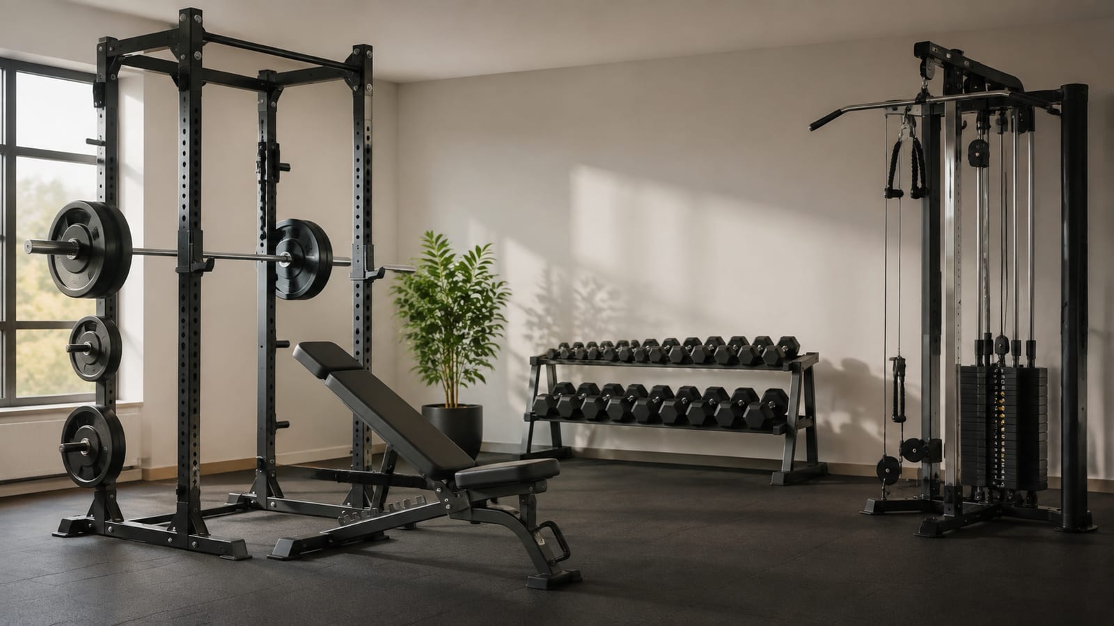 Complete gym station showing barbell, adjustable bench, cable machine, and dumbbells for efficient training