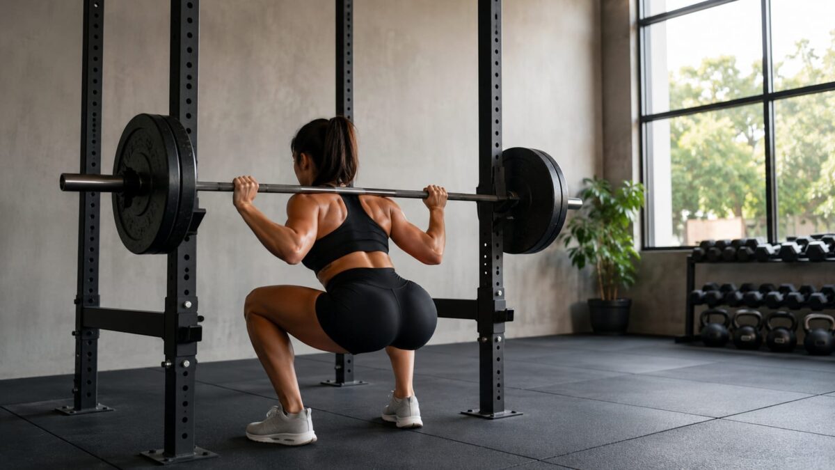 Lifter performing a controlled barbell squat in a rack with carefully loaded plates