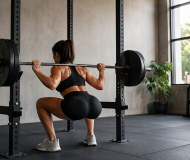 Lifter performing a controlled barbell squat in a rack with carefully loaded plates