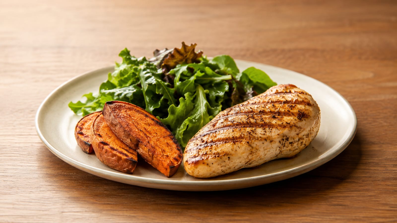 Simple post workout plate of chicken sweet potato and greens