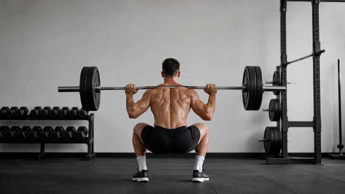 Athlete performing controlled barbell squat in a simple gym, illustrating strength and muscle development
