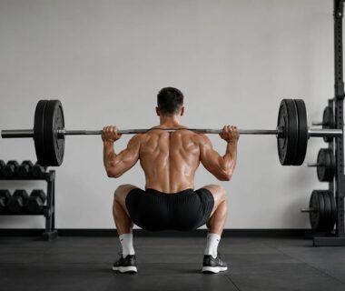 Athlete performing controlled barbell squat in a simple gym, illustrating strength and muscle development