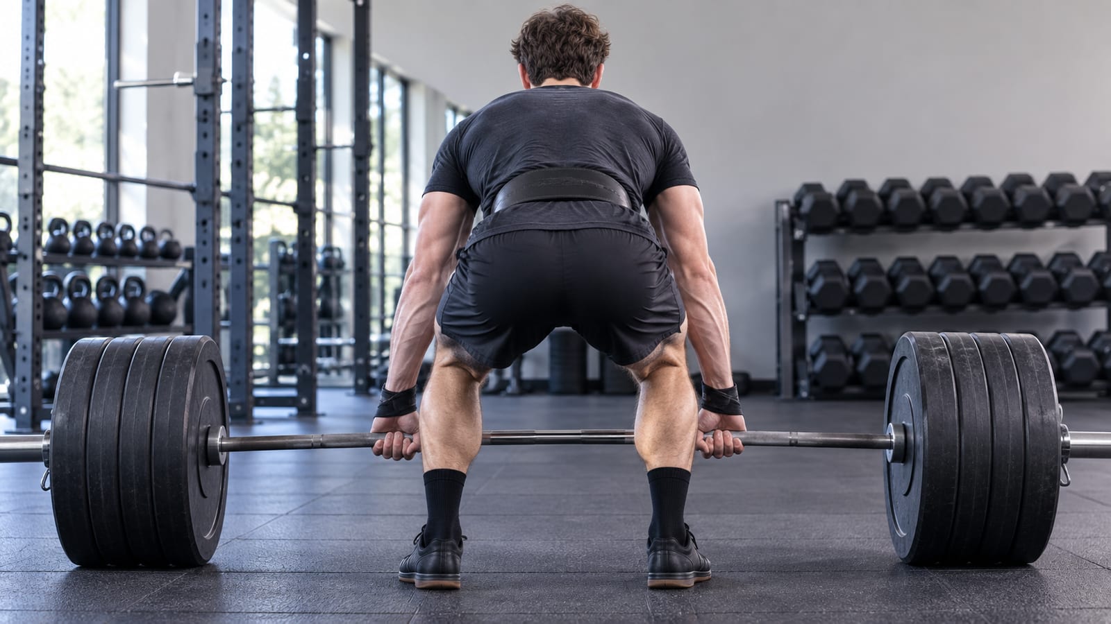 Rear-view lifter practicing a heavy deadlift with precise technique in a quiet gym