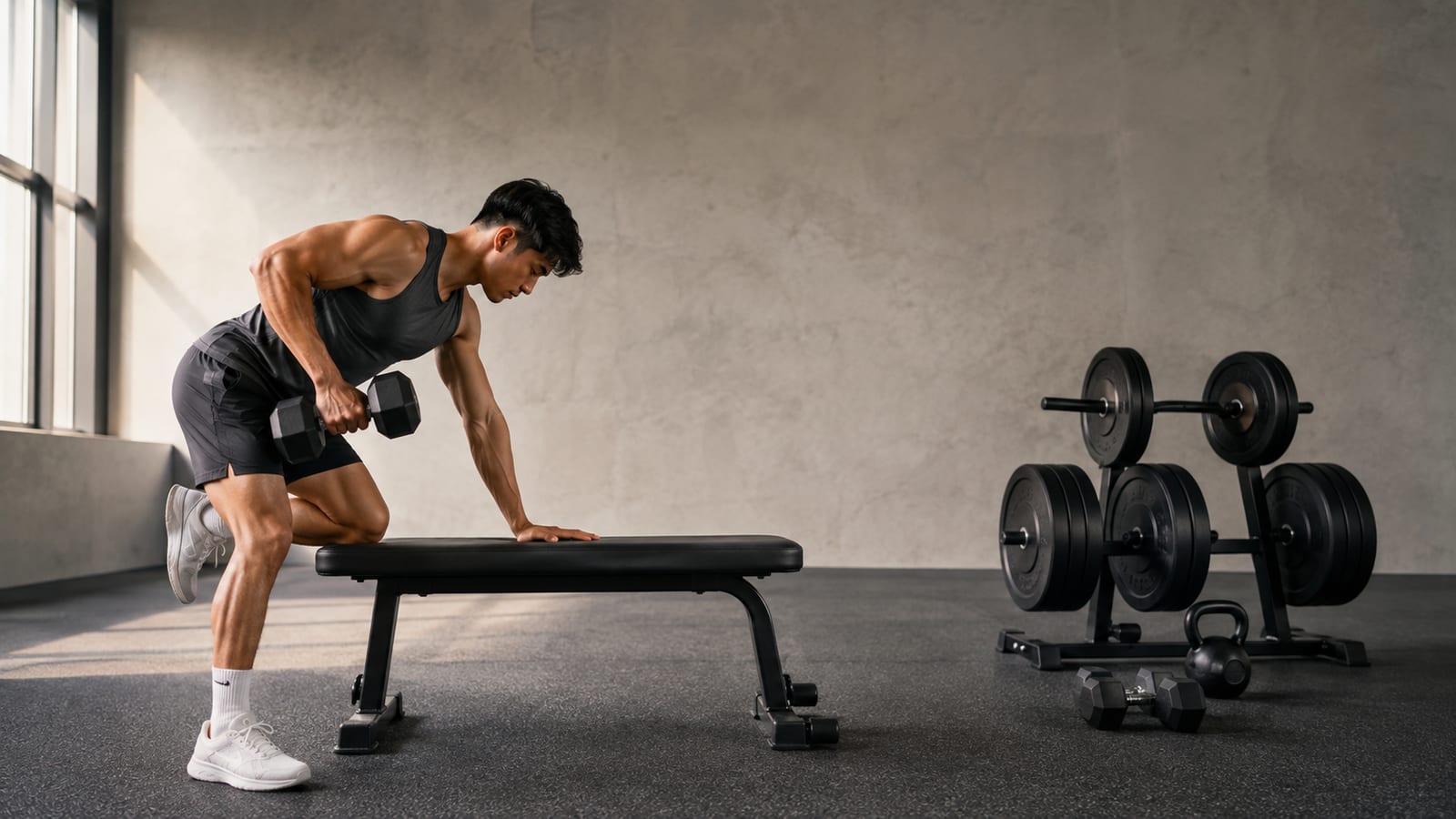 Athlete completing dumbbell rows beside resting weights, balancing challenging training with recovery