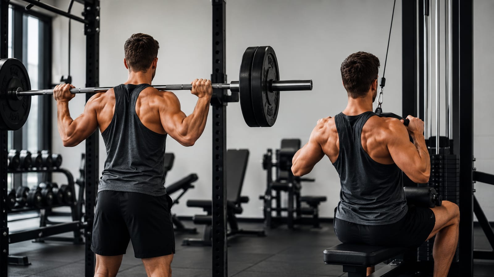 Athlete alternates heavy barbell lifts and controlled cable exercises during one organized gym session