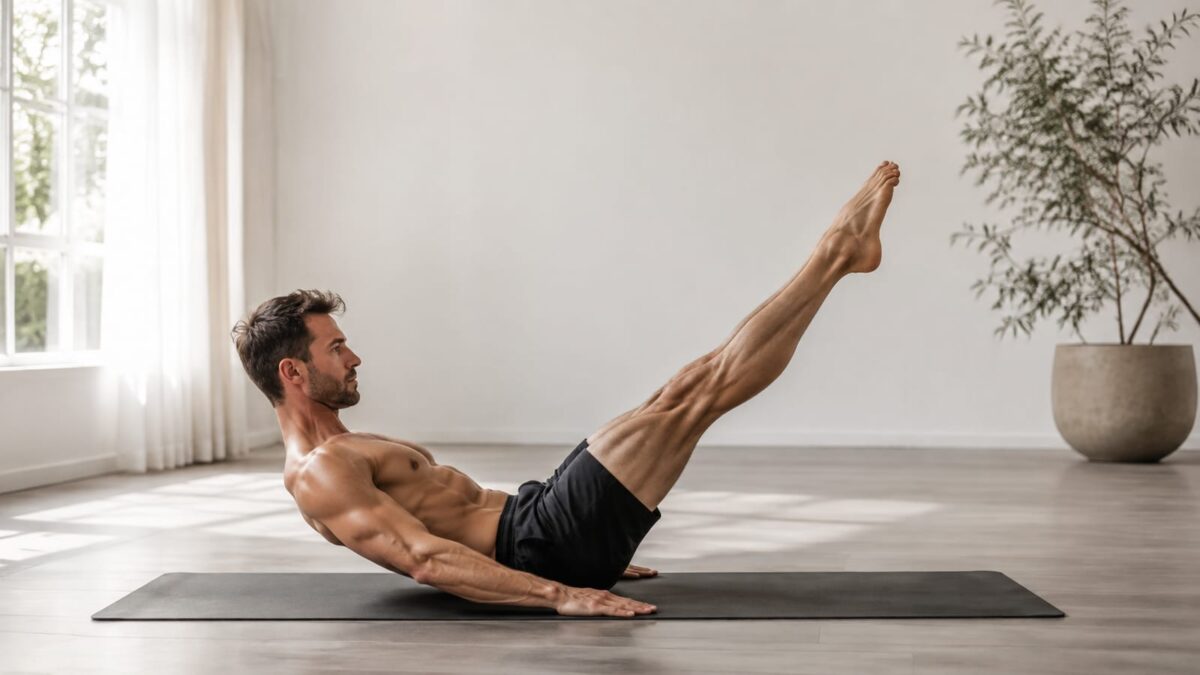 Athlete performing controlled Pilates leg raises on a mat, emphasizing core and hip strength