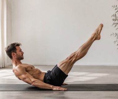 Athlete performing controlled Pilates leg raises on a mat, emphasizing core and hip strength