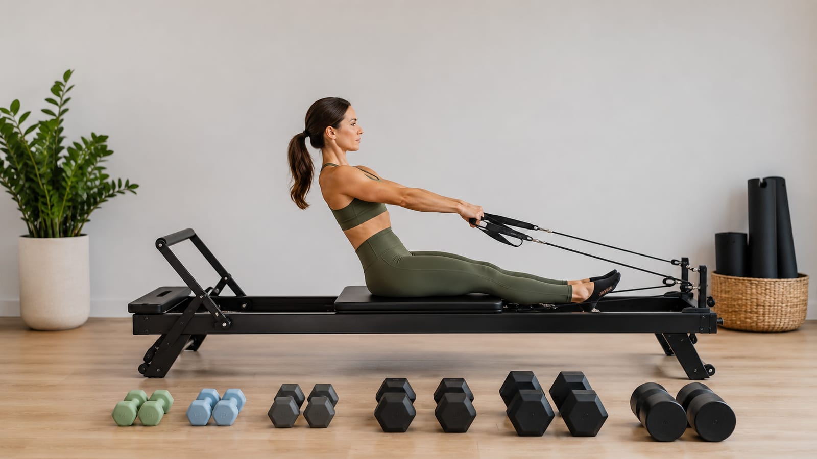 Athlete comparing Pilates reformer resistance with dumbbell strength training movements