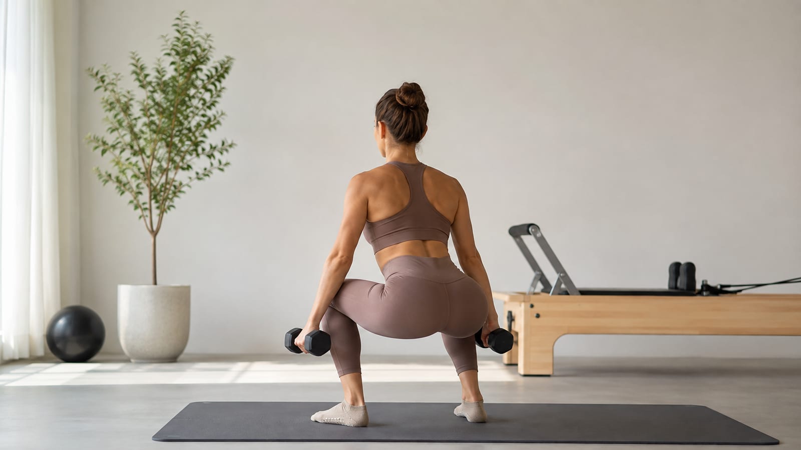 Athlete performing weighted Pilates squats with small dumbbells and controlled posture