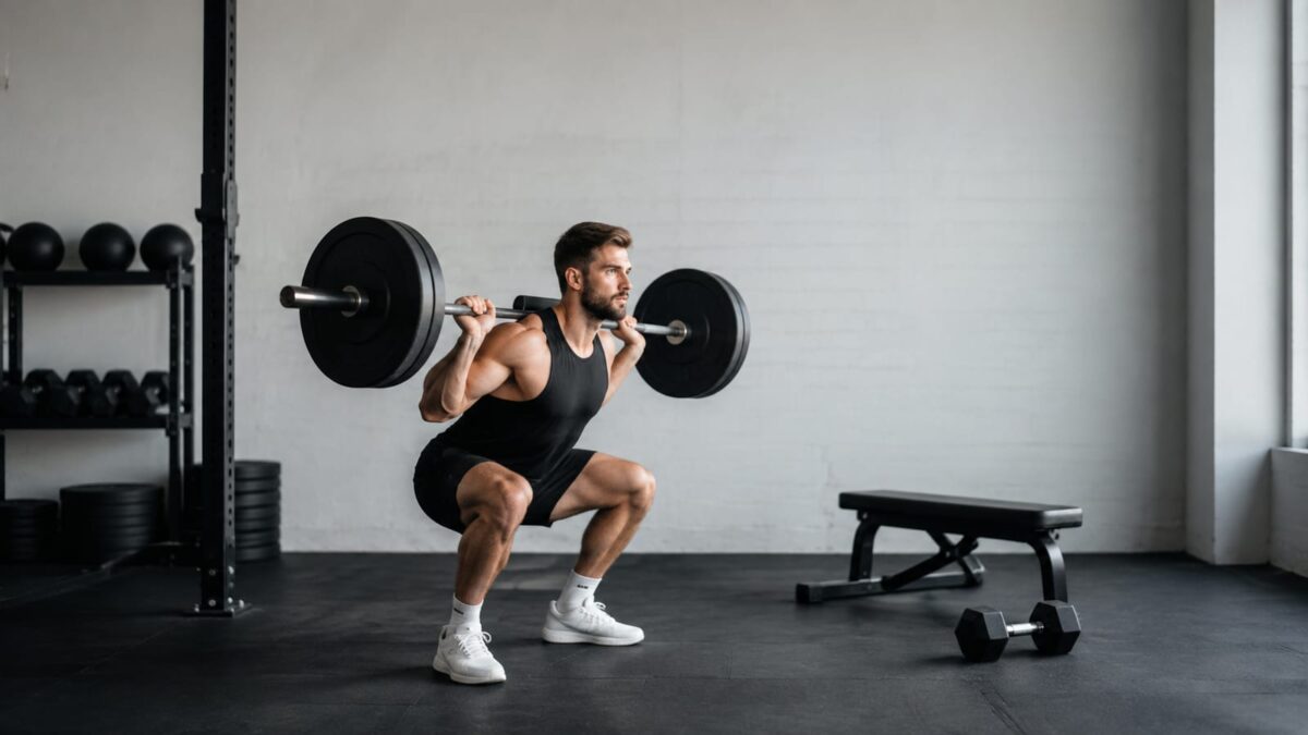 Athlete performing barbell squat in compact gym with bench and dumbbells prepared nearby