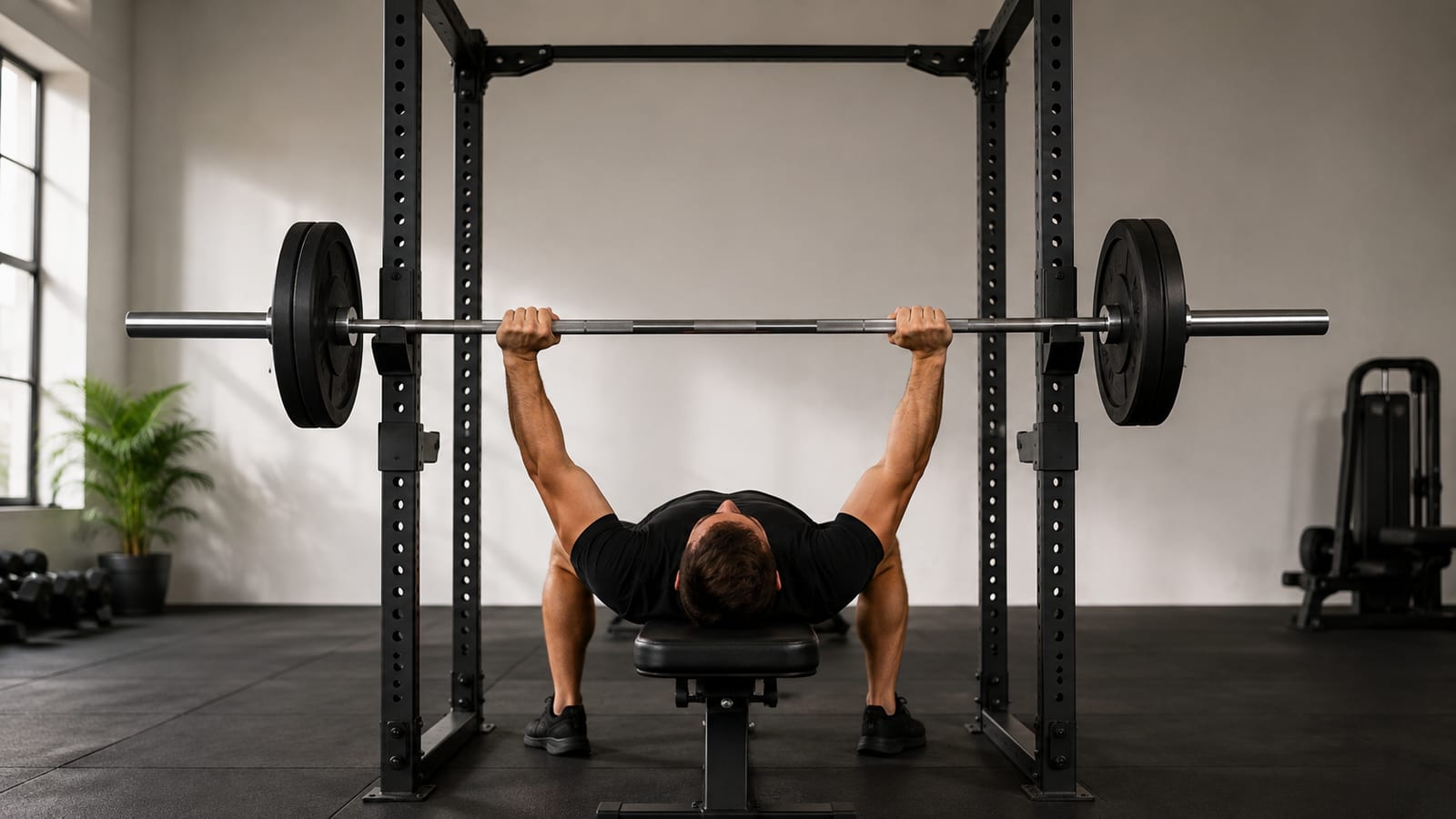 Lifter performing controlled barbell bench press in well-equipped gym, face turned away