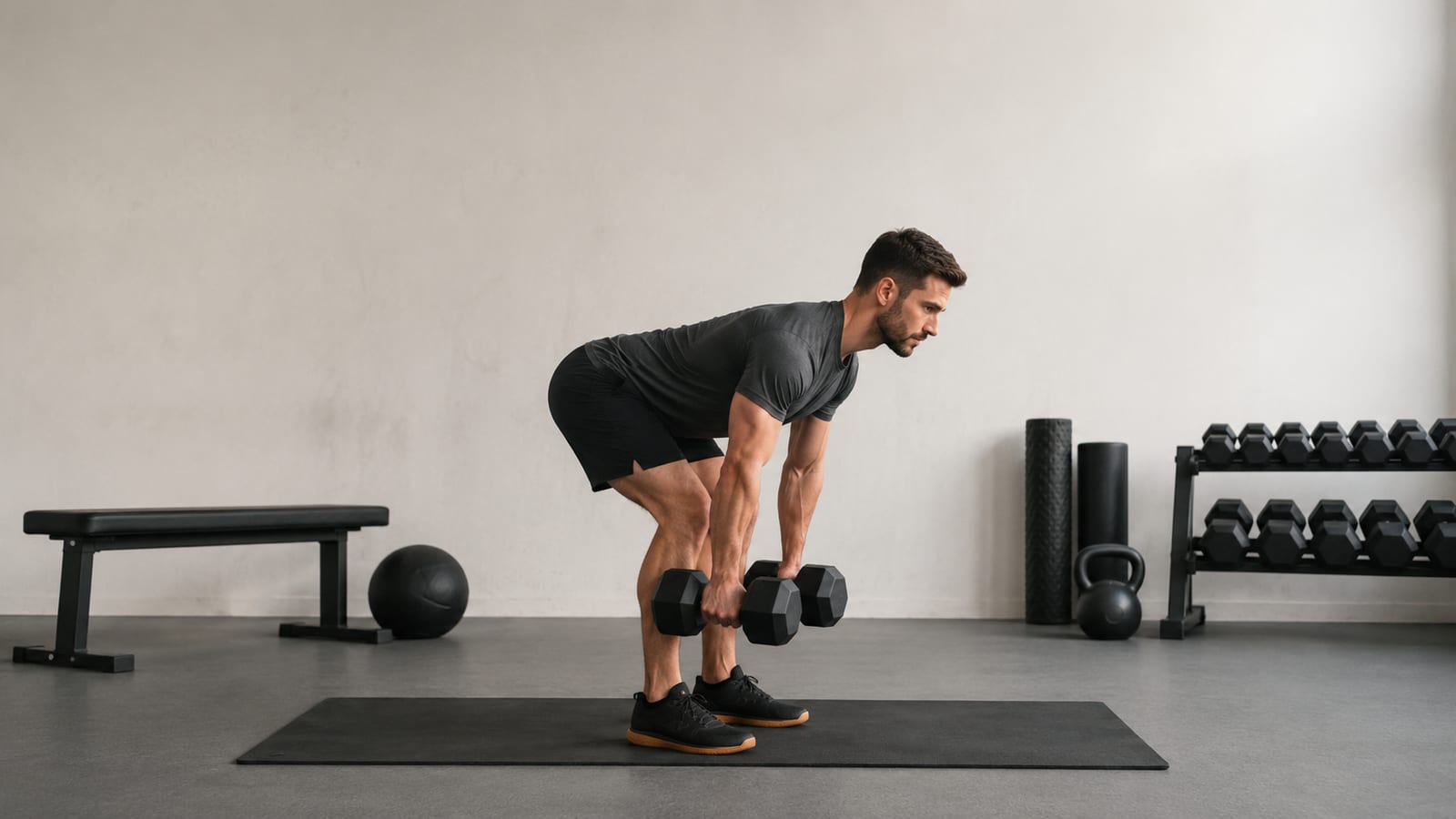 Athlete performing Romanian deadlift with dumbbells beside organized strength equipment