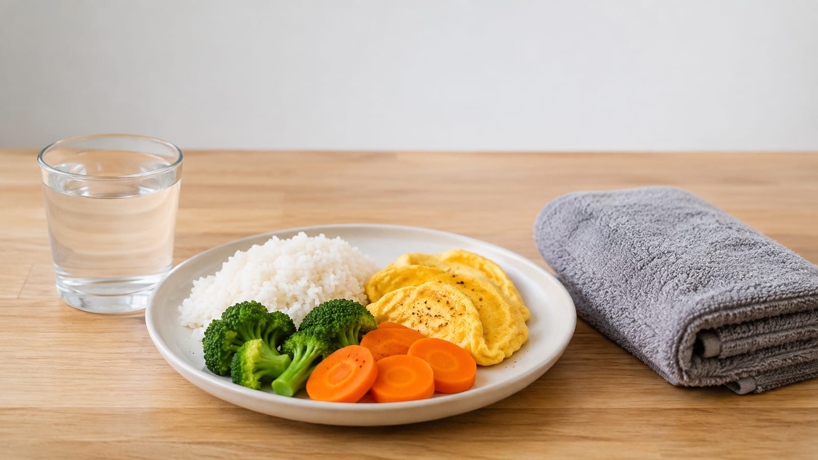 High-protein meal with eggs, rice, vegetables, and water beside gym towel