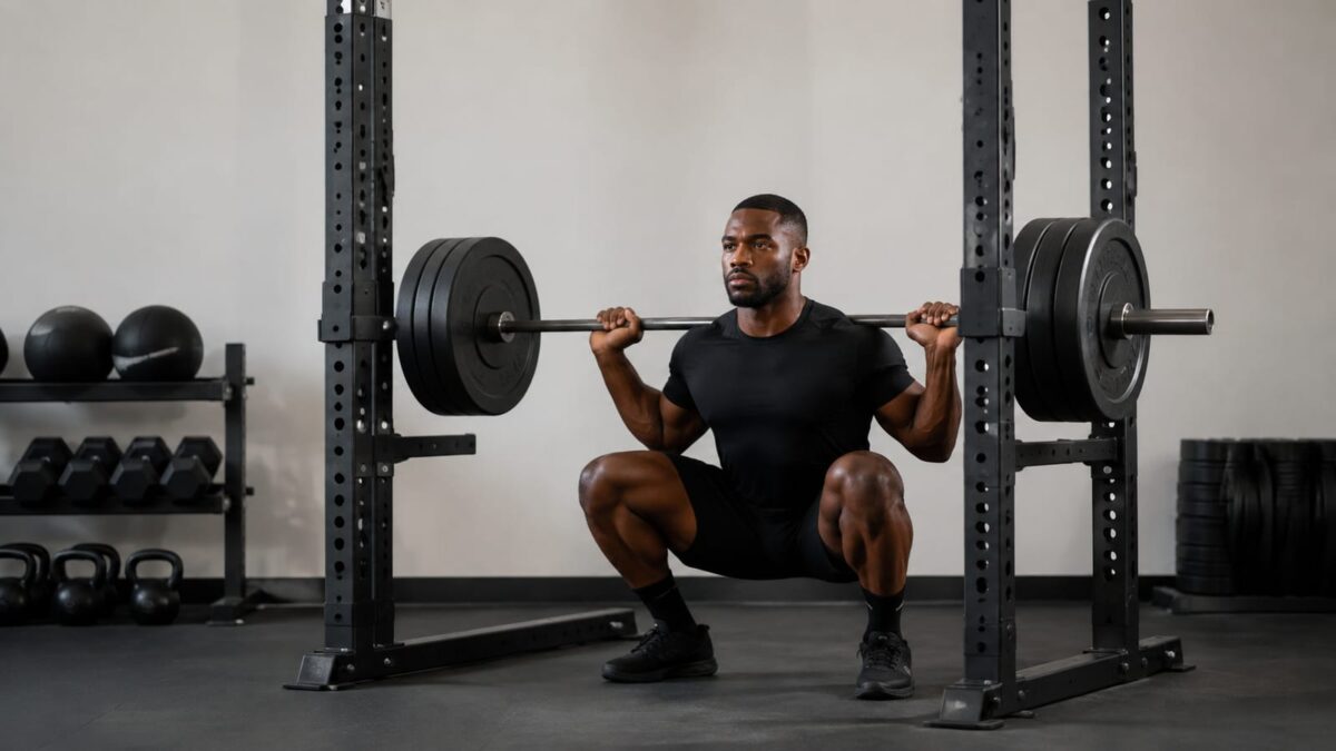 Strength athlete performing controlled barbell squats inside a rack during cluster-set training