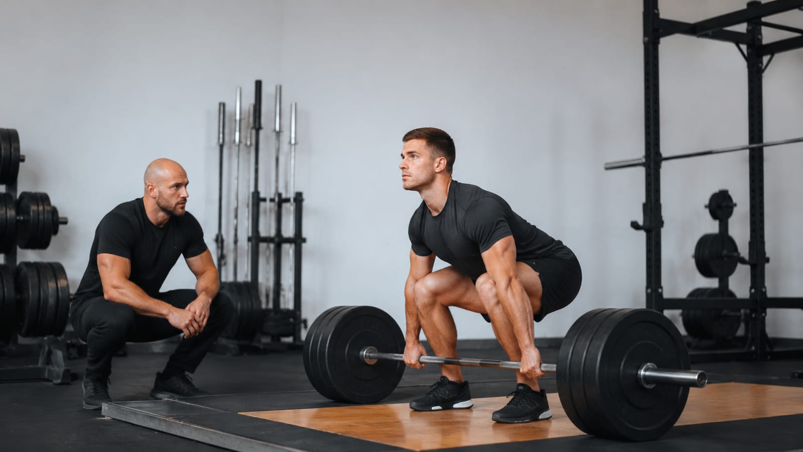 Coach supervising heavy deadlift cluster sets as athlete maintains crisp technically consistent repetitions