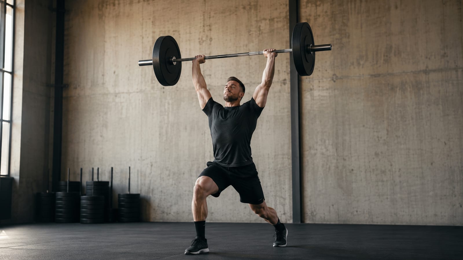 Athlete performing explosive barbell push presses with bumper plates in a spacious training gym