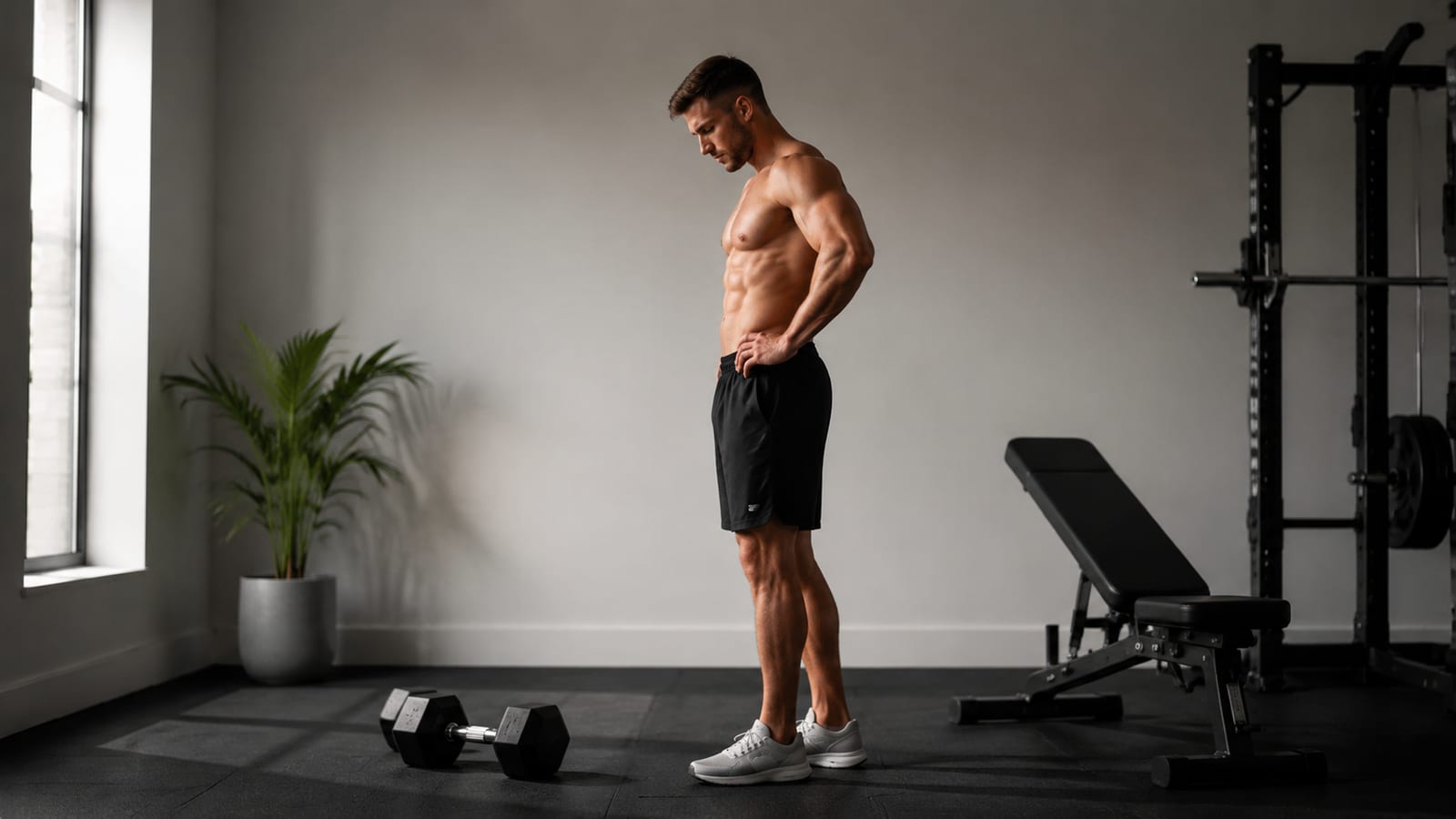 Athlete comparing gradual body-composition changes through consistent training and recovery