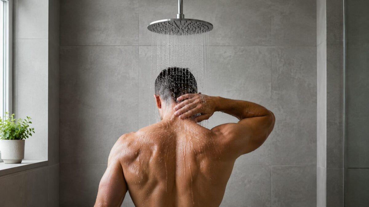 Athlete standing beneath a cold shower, shoulders tense, in a simple bright bathroom