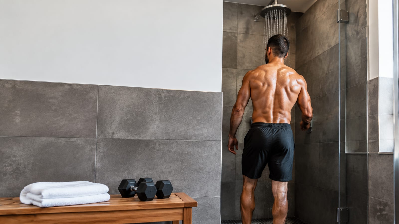 Rear-view athlete stepping into a cool shower after strength training, towel and dumbbells nearby