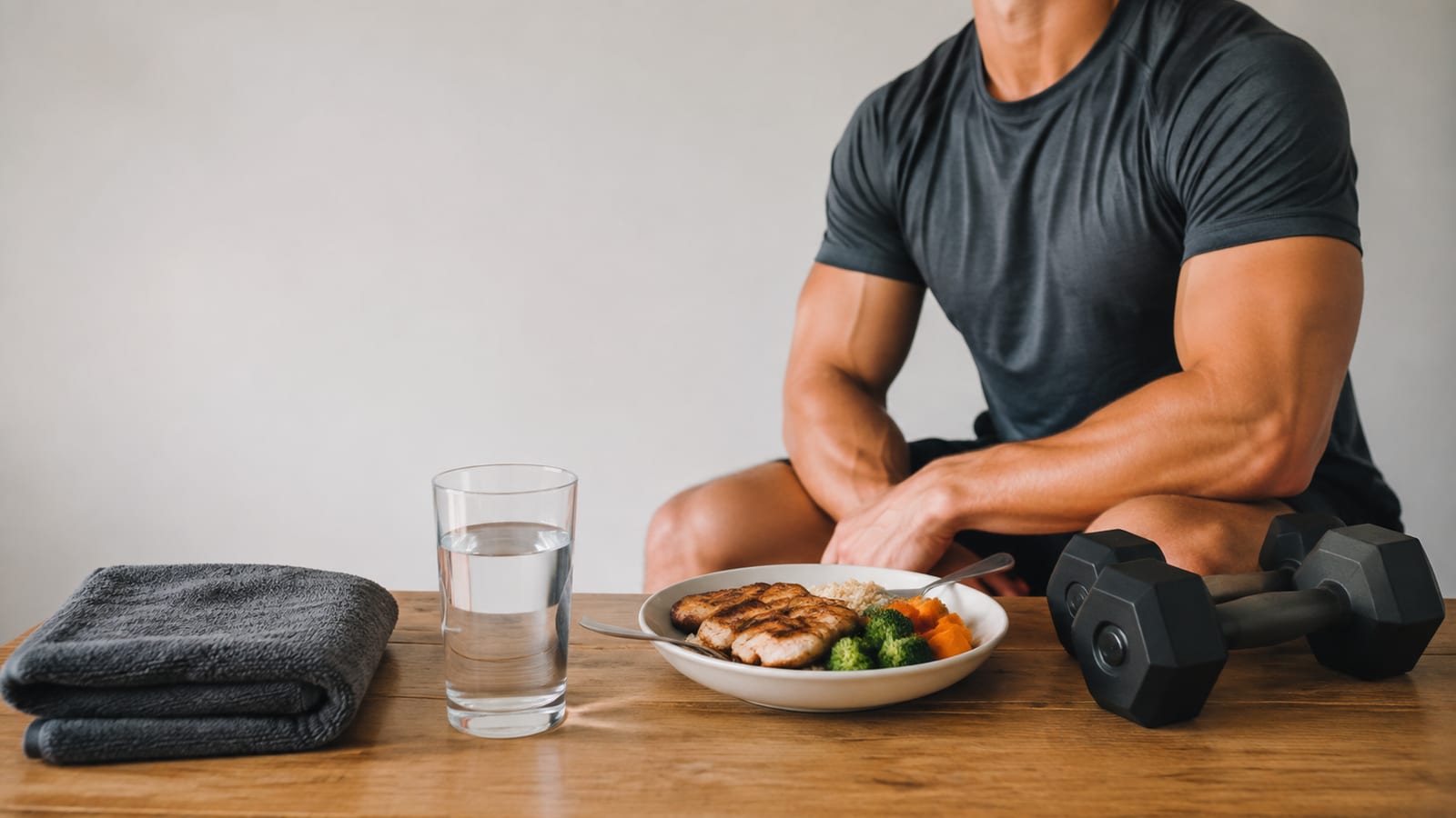 Athlete resting after training with a meal, water glass, and dumbbells nearby, face out of frame