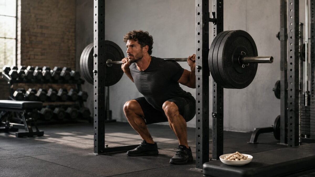 Strength athlete squatting with barbells beside unmarked ashwagandha capsules in a realistic gym
