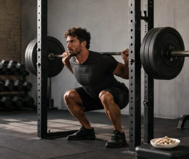 Strength athlete squatting with barbells beside unmarked ashwagandha capsules in a realistic gym