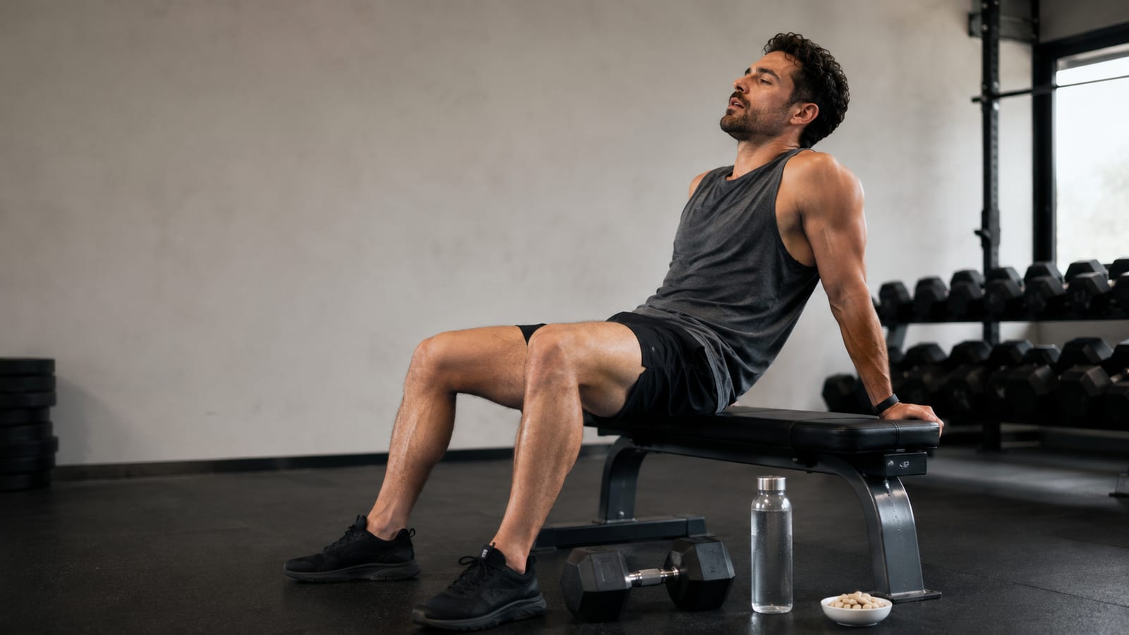 Tired lifter cooling down after resistance training beside dumbbells and unmarked ashwagandha capsules