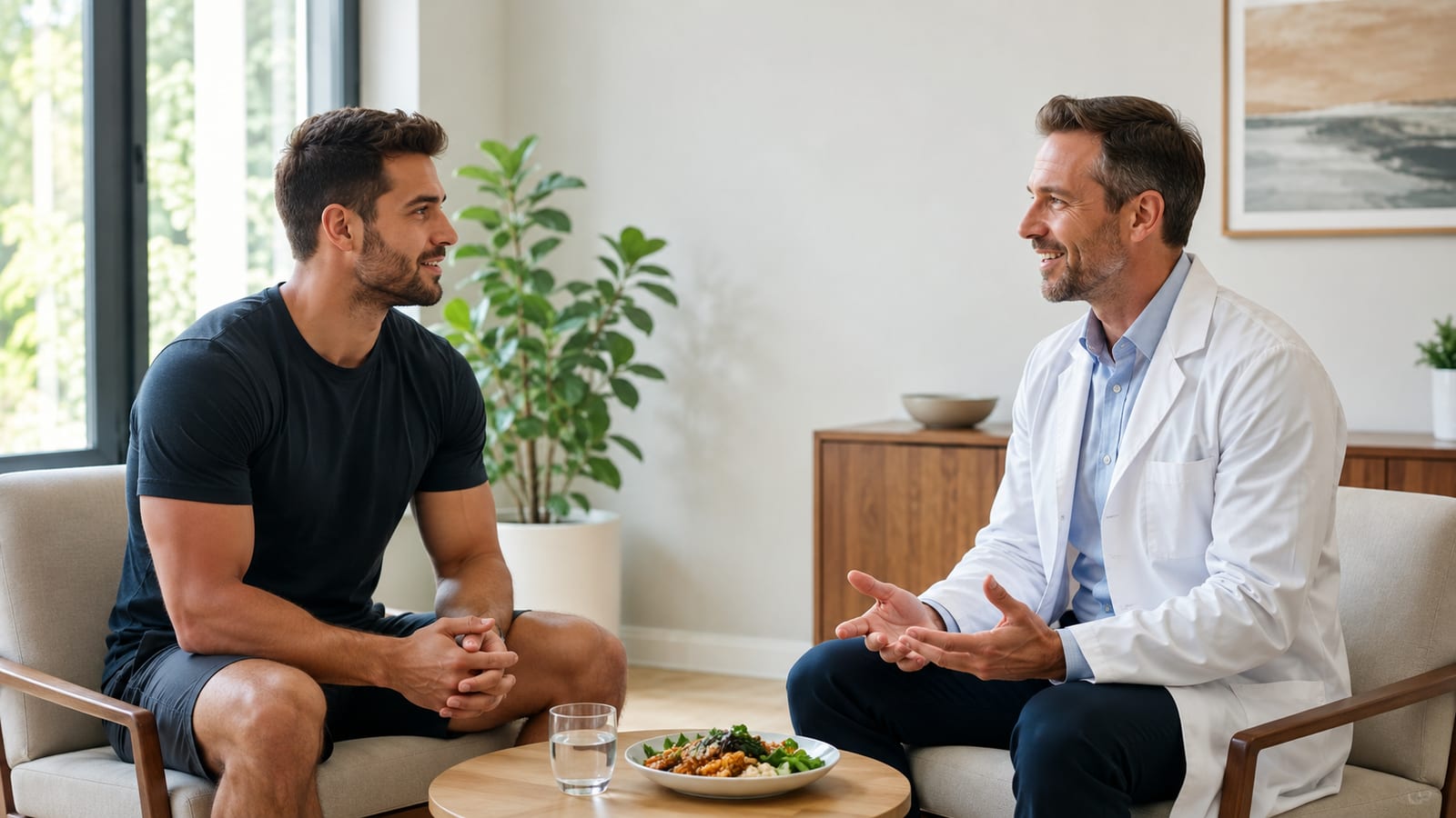 Adult athlete and clinician in profile discussing ashwagandha safety in a bright private consultation room