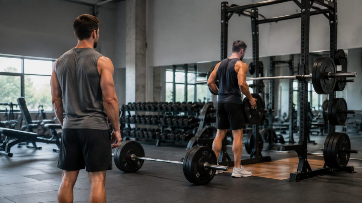 Beginners sharing gym equipment respectfully while organizing weights in a clean training area