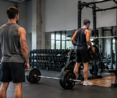 Beginners sharing gym equipment respectfully while organizing weights in a clean training area