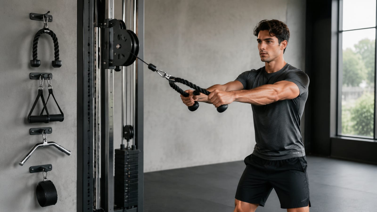 Man pulling a rope cable attachment beside neatly stored gym accessories on the wall