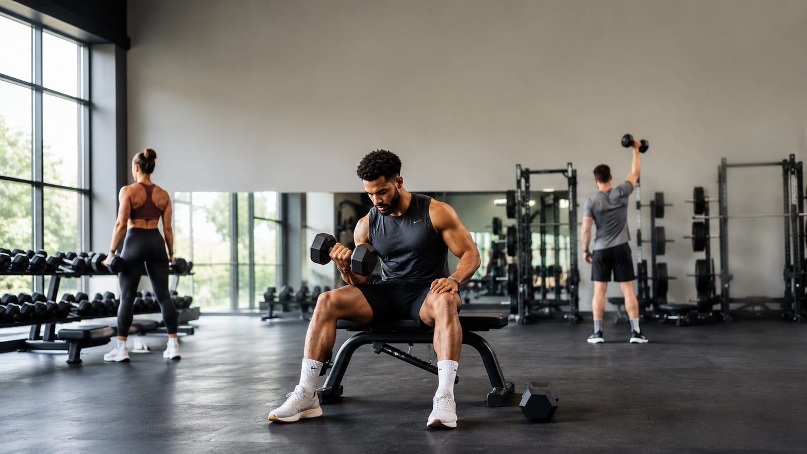 Focused lifter completing a controlled set while leaving space for nearby gym members
