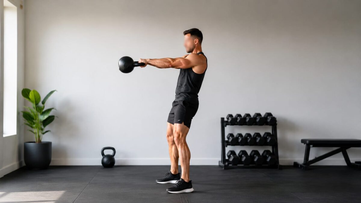 Profiled athlete performing a powerful kettlebell swing in a bright uncluttered home gym