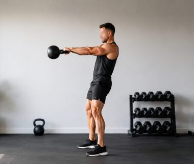 Profiled athlete performing a powerful kettlebell swing in a bright uncluttered home gym